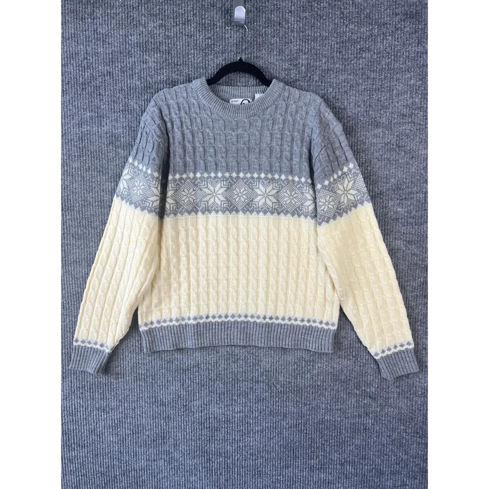 Nordic Cable Knit Snowflake Ski Sweater Gray XL Fisherman Steep Slopes